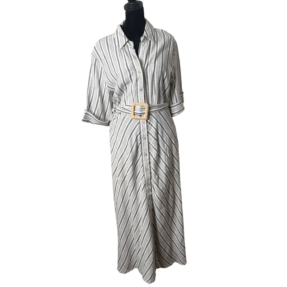 Tahari Striped Linen Blend Shirt Dress Belted Midi Size S Resort Coastal Luxe